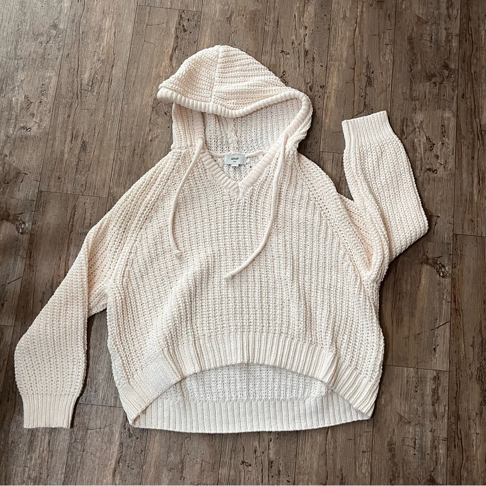 Aerie Cream V-Neck Knit Hoodie Sweater